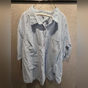 Woman Within Blue and White Striped Casual Shirt